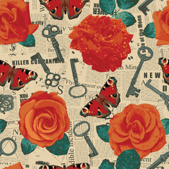 Poster - vector seamless pattern on the theme of love with roses, butterflies and keys against the background of scraps piece of newspapers and magazines. Background in retro style for valentine greeting.