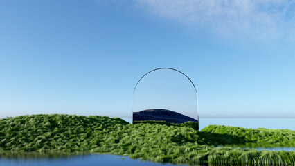 Wall Mural - 3d render surreal shaggy surface grassland mountain landscape background in minimal concept, abstrac