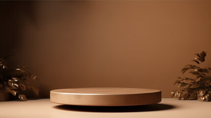 Poster - Empty wooden product display podiums with foliage and plants, modern minimalist background with warm, earthy tones. Presentation showcase backdrop for beauty, home, or body products. Generative AI