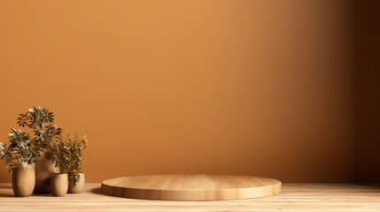 Poster - Empty wooden product display podiums with foliage and plants, modern minimalist background with warm, earthy tones. Presentation showcase backdrop for beauty, home, or body products. Generative AI