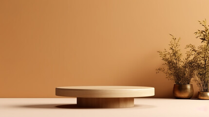 Poster - Empty wooden product display podiums with foliage and plants, modern minimalist background with warm, earthy tones. Presentation showcase backdrop for beauty, home, or body products. Generative AI