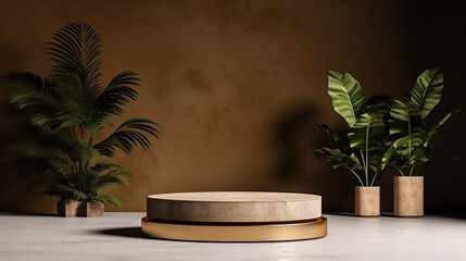 Poster - Empty wooden product display podiums with foliage and plants, modern minimalist background with warm, earthy tones. Presentation showcase backdrop for beauty, home, or body products. Generative AI