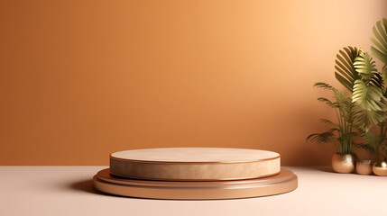 Poster - Empty wooden product display podiums with foliage and plants, modern minimalist background with warm, earthy tones. Presentation showcase backdrop for beauty, home, or body products. Generative AI