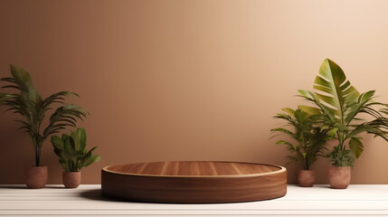Poster - Empty wooden product display podiums with foliage and plants, modern minimalist background with warm, earthy tones. Presentation showcase backdrop for beauty, home, or body products. Generative AI