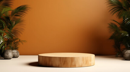 Poster - Empty wooden product display podiums with foliage and plants, modern minimalist background with warm, earthy tones. Presentation showcase backdrop for beauty, home, or body products. Generative AI