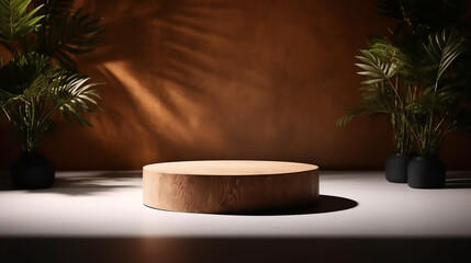 Poster - Empty wooden product display podiums with foliage and plants, modern minimalist background with warm, earthy tones. Presentation showcase backdrop for beauty, home, or body products. Generative AI