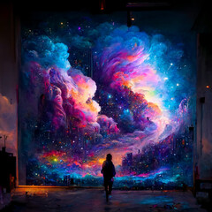 colourful digital paint of fantastic galaxy with sillhuate men background