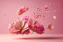 Pink Flowers And Flying Petals On Pink Background
