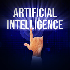 Poster - Man touching Artificial intelligence typography on blue tech backdrop. Future of AI concept background