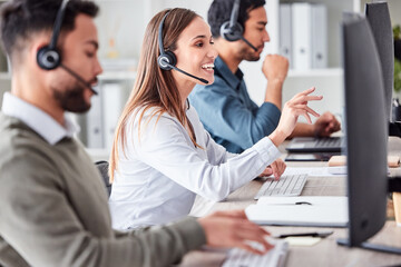 Poster - Woman, call center and working in office workspace with headset, computer and online customer support, service or help. Businesswoman, smile and contact us, crm and telemarketing employee talking