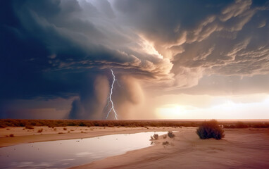 Wall Mural - A tornado is formed in the middle of thunder and lightning, which causes great damage to the desert landscape. It destroys everything in its path. Tornado background. AI generated.