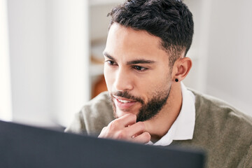 Leinwandbilder - Thinking, solution and business man on computer for IT planning, software design and reading code or tech decision. Idea, review and programmer or information technology of young person on desktop pc