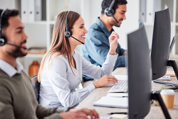 call center, woman and working in team office with headset, computer and online customer support, se