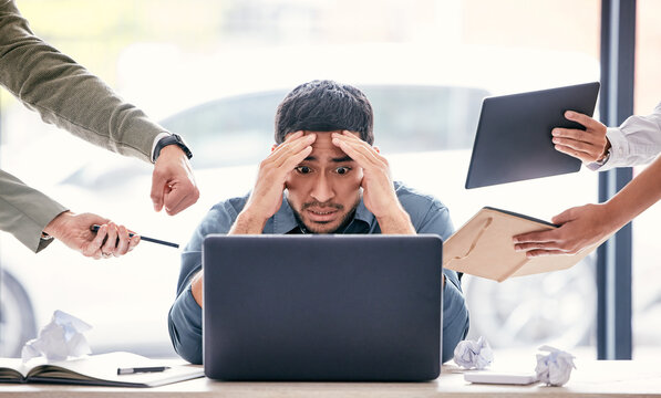 Stress, confused and chaos of man on computer for headache, anxiety or mental health, reading mistake or fail. Risk, laptop and worried manager of time management, business questions and people hands
