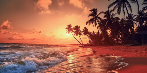 Wall Mural - A beautiful sunset on the beach with palm trees