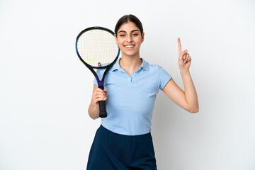 Wall Mural - Handsome young tennis player caucasian woman isolated on white background pointing up a great idea