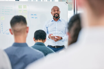 Poster - Presentation, business and speaker with audience at the office for learning about work. Conference, coach and employees are training during a meeting at a company on a board for corporate team.