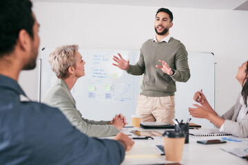 Aufkleber - Business meeting, presentation and speaker, people and whiteboard for audience training, coaching or project ideas. Presenter, manager or man proposal, company pitch and clients attention in workshop