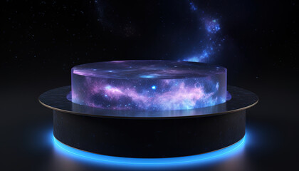 Sci-fi product presentation podium with lights and celestial galaxy background