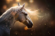 White horse on blurred bright background in a fantasy world