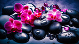 Fototapeta Storczyk - illustration of pink orchids on black stones with reflection. free space. Spa concept. generative AI