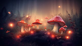 Fototapeta Pokój dzieciecy - Red mushrooms in an idyllic with lights and blurred background