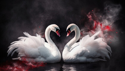 Wall Mural - White swans on the lake with dark gradient background for valentine's day