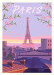 Vector premium travel poster. Beautiful evening view of the Eiffel Tower through cherry blossom branches. There're a view of the rooftops and the panorama of Paris from above. France.