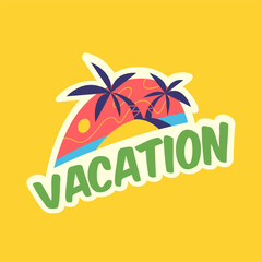 Travel Vector Retro Sticker, Pin, Stamp, Patch. Illustration concept. Trendy Cartoon style of 30s 40s. An uninhabited island in the sea on the background of a sunset with two palm trees.