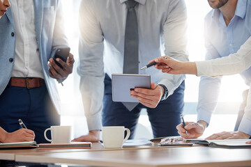 Aufkleber - Closeup, business people and staff brainstorming, teamwork or digital planning for website launch. Group, coworkers or team with technology, online reading or search internet for information or ideas
