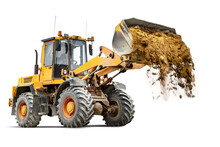 Powerful Wheel Loader Or Bulldozer Isolated On White Background. The Loader Pours Sand From The Bucket. Powerful Modern Equipment For Earthworks. Rental Of Construction Equipment.