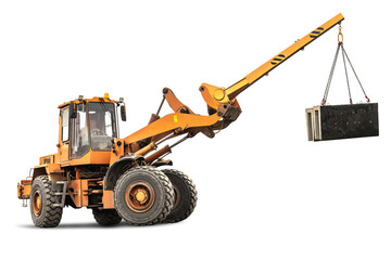 Wall Mural - Powerful wheeled front loader for transportation of bulky goods on a white isolated background. Transportation of concrete products. Transportation and movement of heavy long loads.