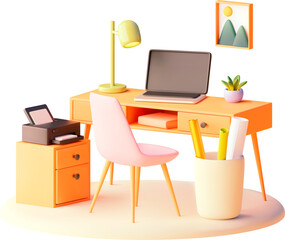 Wall Mural - Vector workplace with desk, chair and laptop illustration. Home office furniture. Desk lamp, computer, printer stand