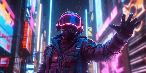 retrofuturistic illustration of astronaut in futuristic neon lit cyberpunk city. neon pink blue viol