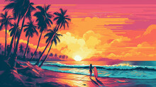 Tropical Beach Landscape With Surfing Girl And Palms. 