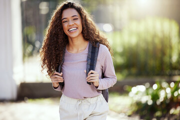 Poster - Portrait, happy woman with backpack and student in campus garden, university and education with studying. Excited female person outdoor, academic scholarship and mockup space and college course