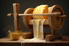 A Wooden Cheese Press With A Wheel Of Freshly Made Cheese Wrapped In Cheesecloth, Being Pressed To Remove Excess Whey.  Generative AI Technology.