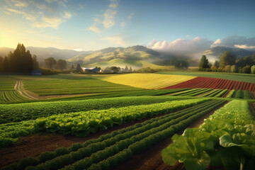Aufkleber - A scenic image of a lush green field with rows of organic crops, evoking a sense of vitality, sustainability, and health.  Generative AI technology.