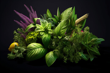 Aufkleber - A close-up of a freshly harvested bunch of herbs, such as basil, mint, and cilantro, symbolizing the aromatic flavors and health benefits of fresh herbs. Generative AI technology.