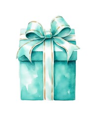 Wall Mural - Mint blue gift box on white background in watercolor style. Generative AI.