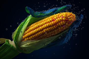 Poster -   An vibrant photograph of a Corn splashed in bright paint, symbolizing freshness and health. Generative AI technology.