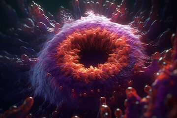 Poster - A bacterial colony with a circular shape and a textured surface, exhibiting a dark purple coloration. Generative AI technology.