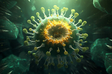 Poster - A bacterial colony with a star-like shape and radial projections, displaying a combination of green and yellow hues.  Generative AI technology.