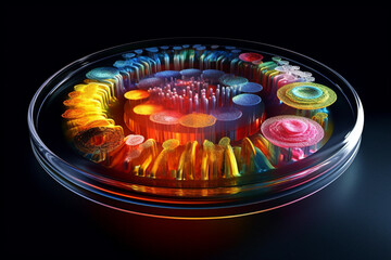 Poster - A petri dish featuring bacterial colonies arranged in concentric rings, with each ring showcasing a different color.  Generative AI technology.