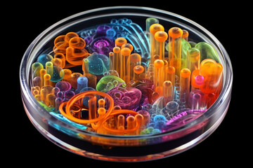 Poster - A petri dish showcasing bacterial colonies that have merged and intertwined, creating a visually captivating and complex composition. Generative AI technology.