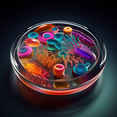 Poster - A macro photograph of a petri dish capturing the vibrant and dynamic growth patterns of bacterial colonies.  Generative AI technology.