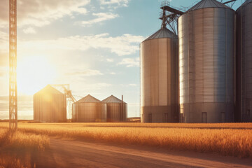 Sun lit grain silo, countryside with wheat field foreground rural scene, agriculture concept. Generative AI