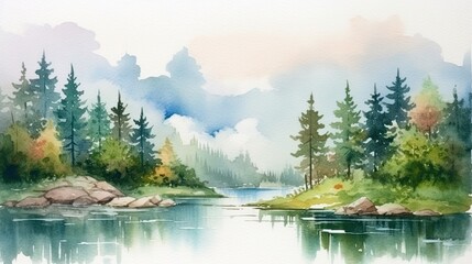 Wall Mural - Mountains and river light watercolor landscape