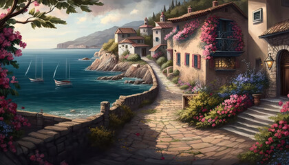 Wall Mural - A meandering stone walkway lined with colorful flowers, winding its way through a picturesque seaside village and culminating in a breathtaking view of the ocean. Generative AI
