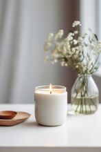 A Scented Candle On A White Table With Vases On A Modern Minimalist Background. AI Generative
